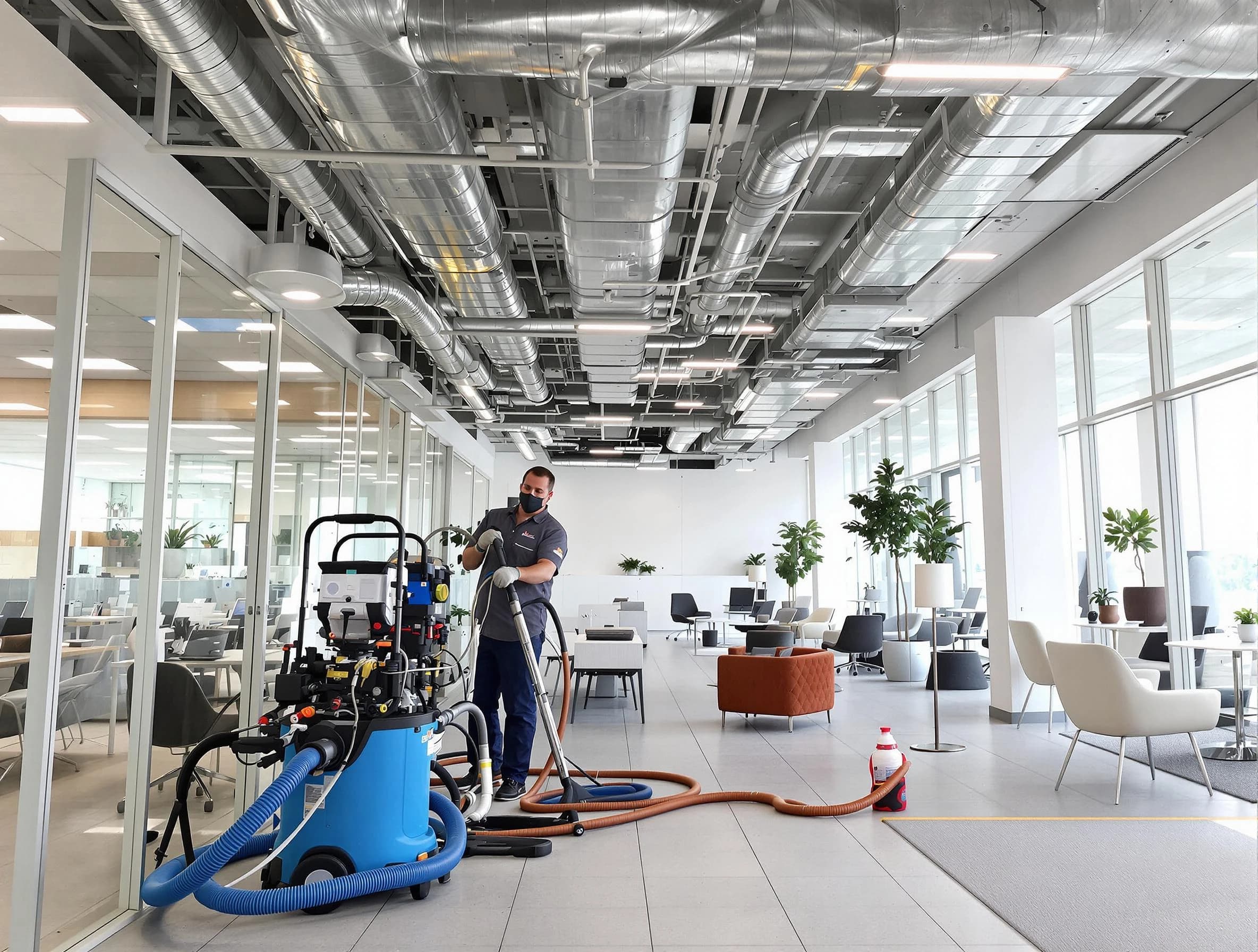 Heron Bay Air Duct Cleaning team conducting comprehensive commercial duct cleaning at a business location in Heron Bay